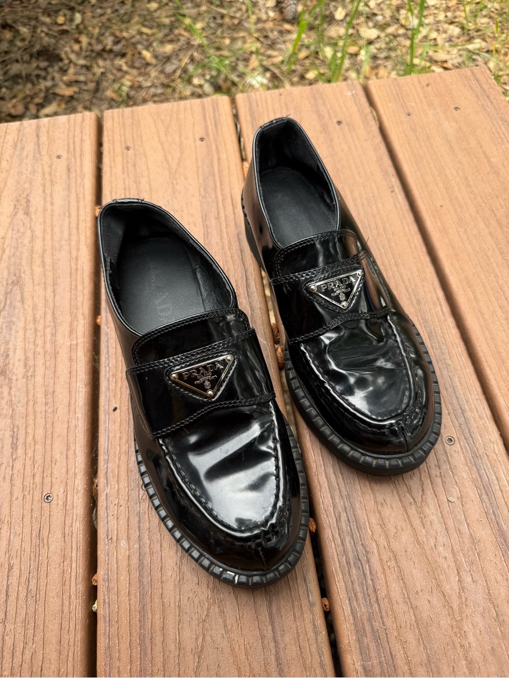 Prada Black Patent Leather Women's Loafers with Triangle Logo - Picture 2 of 3